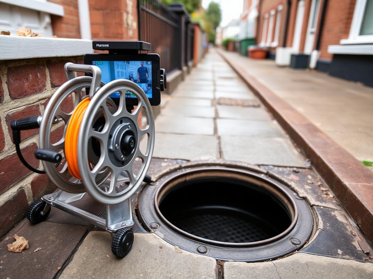 Drain inspection camera and monitor set up beside an open drain outside a London house