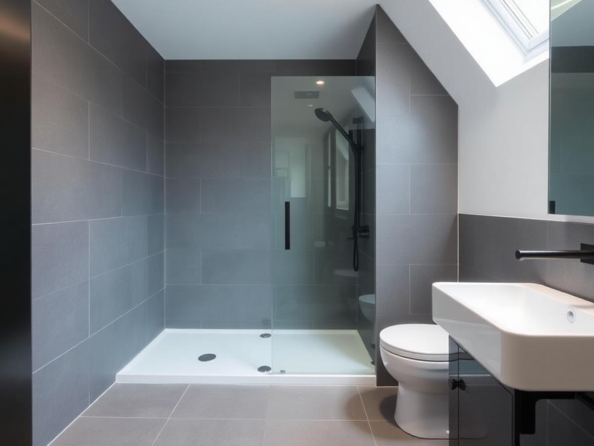 Newly fitted bathroom with grey tiling and walk-in shower