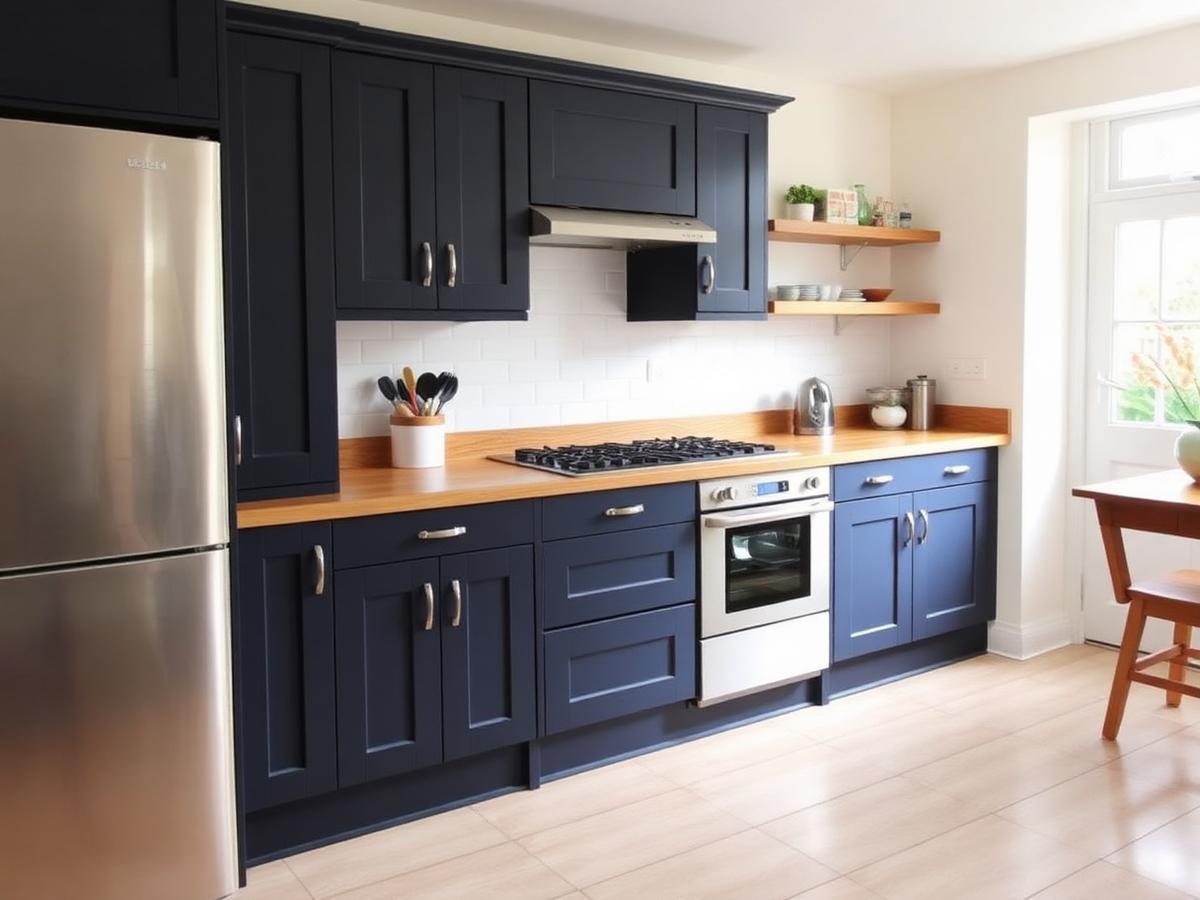 Newly fitted navy shaker kitchen with oak worktop