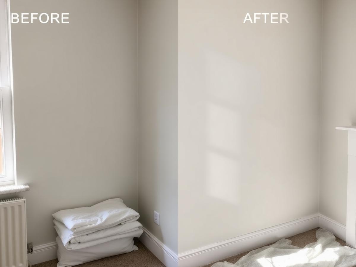 Before and after of a wall replastered and repainted following a leak repair