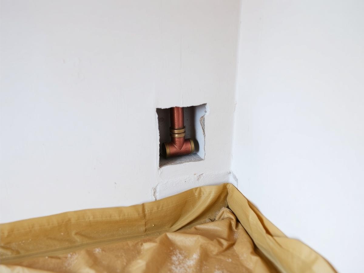 Small access panel cut into a stud wall to reach a leaking pipe joint