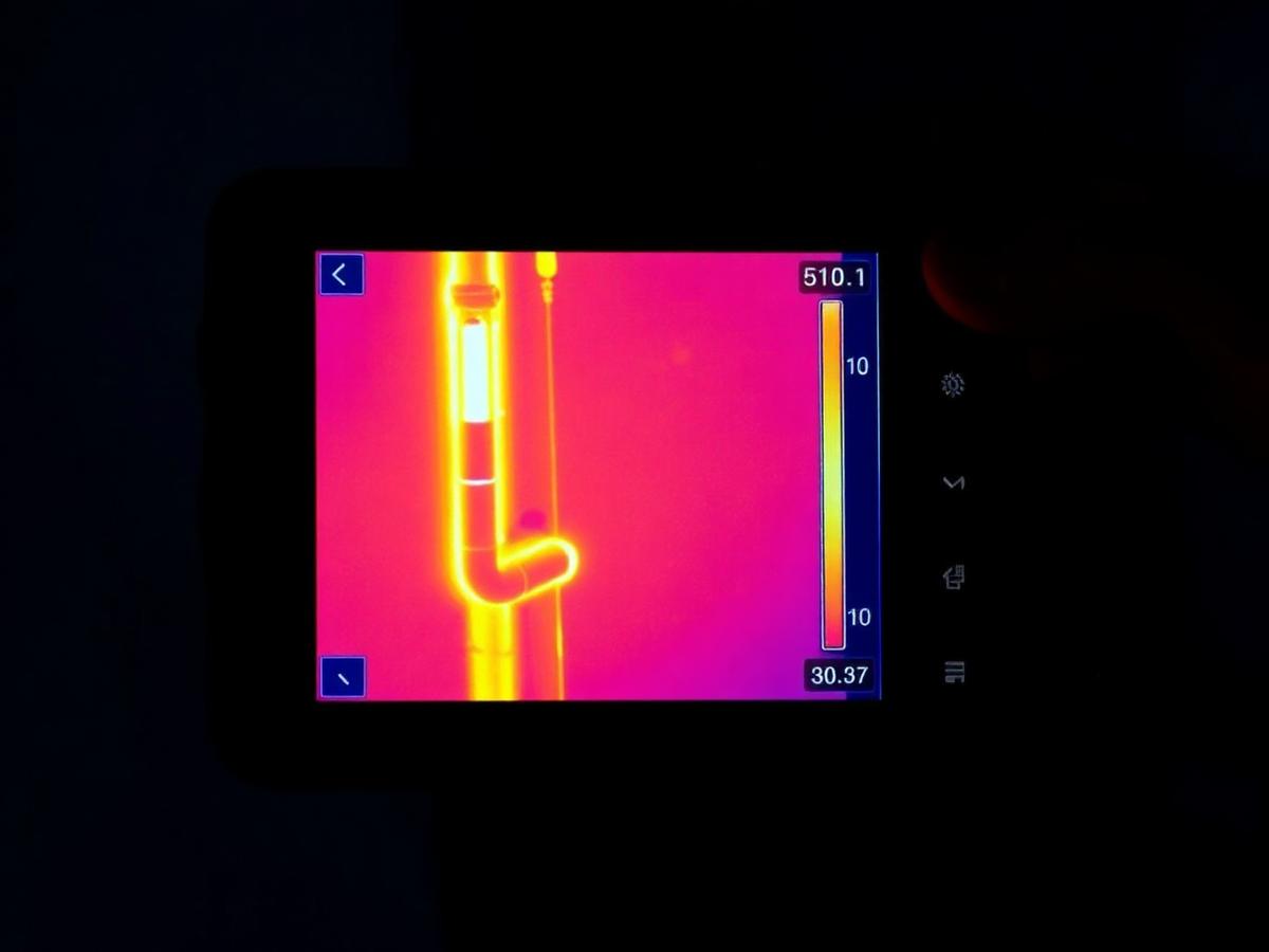 Thermal imaging camera screen showing the heat signature of a hidden pipe leak